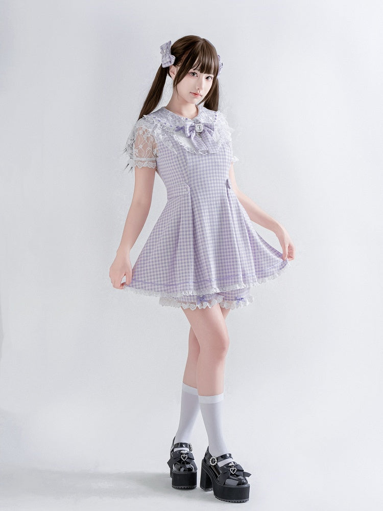 Purple & White Plaid Bow Lace Dress with Shorts - Ostslheep