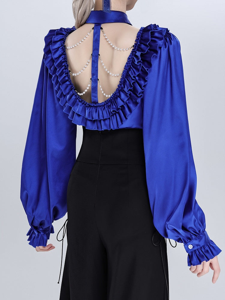 Deep Sea Blue Layered Ruffles V-neck Long Sleeves Shirt with Detachable Bead Chain Cutout Back - DevilInspired Exclusive Collection