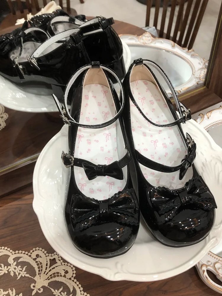 Decor Bow PU Adorable in with Black Low-heel/Mid-heel Mary Janes