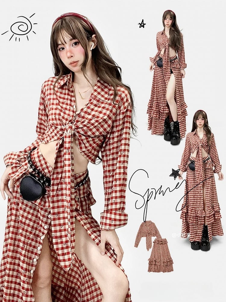 Muster Twist Oberschenkel-High High-Low Shirt Floral Slit + Rock Details Rot Print Plaid