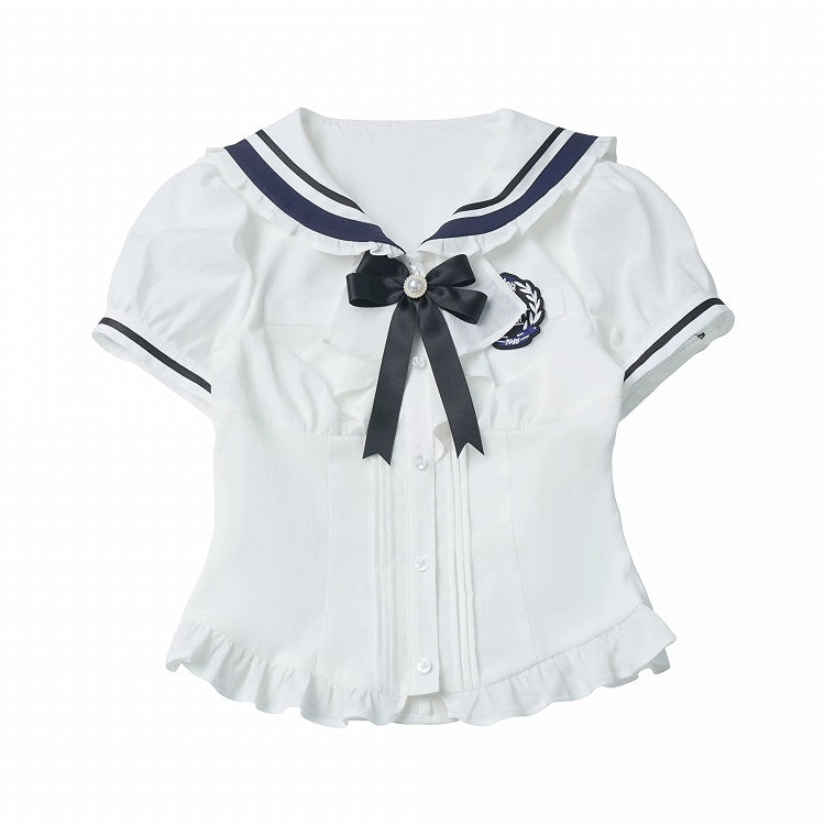 White Sailor Collar Puff Sleeve Blouse with Bow Detail - PINK SAVIOR