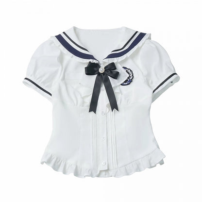 White Sailor Collar Puff Sleeve Blouse with Bow Detail - PINK SAVIOR