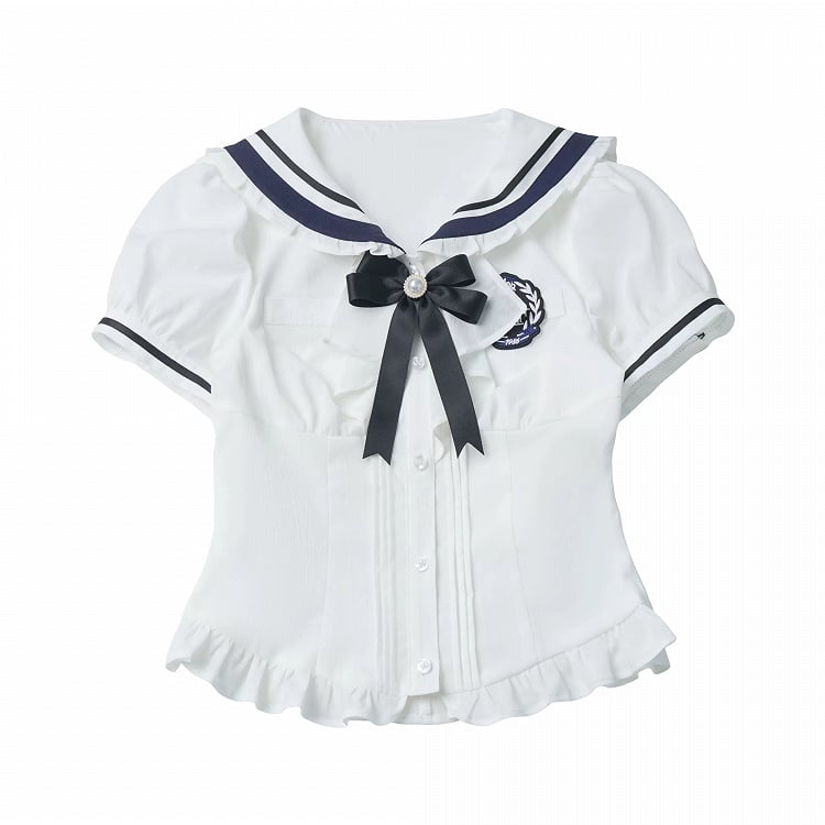 White Sailor Collar Puff Sleeve Blouse with Bow - PINK SAVIOR