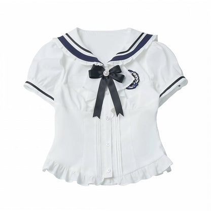 White Sailor Collar Puff Sleeve Blouse with Bow - PINK SAVIOR