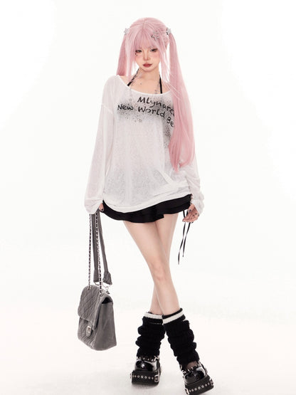 ホワイトレタープリントのカバーアップ セミシースルーネックライン アシンメトリー