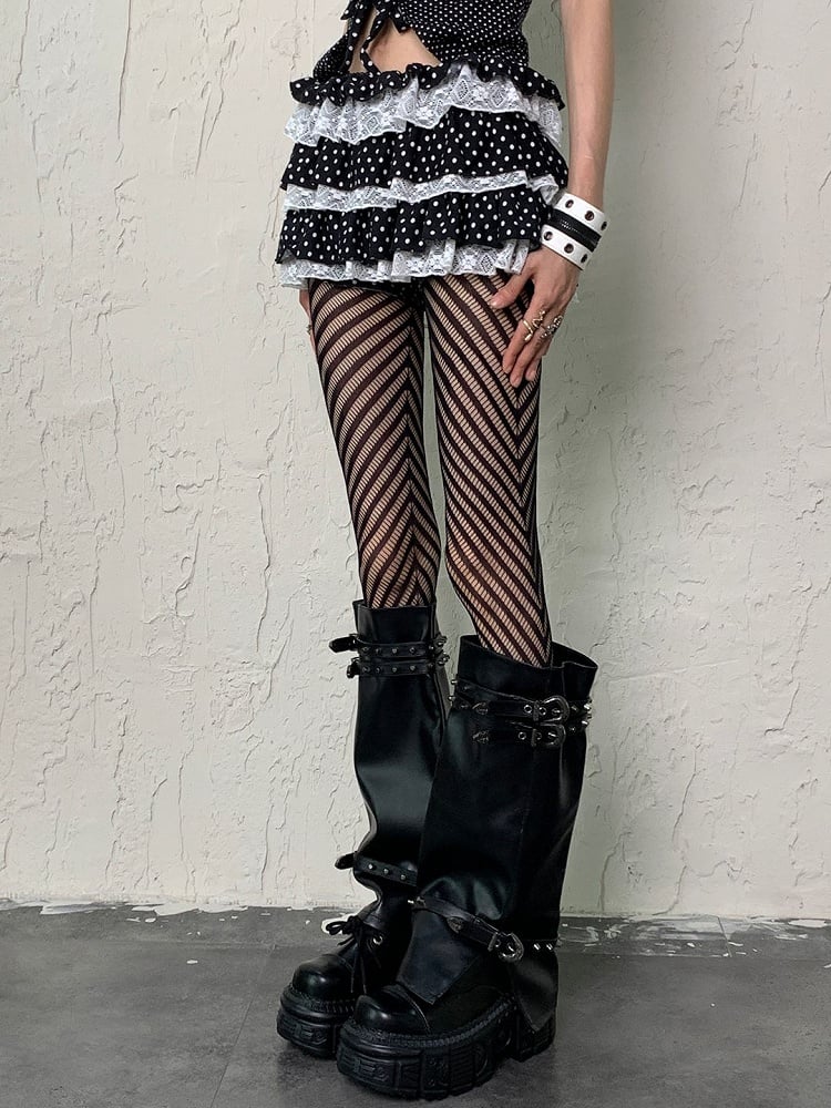 Striped Black Fishnet Pattern Fashion Gyaru Tights Y2K