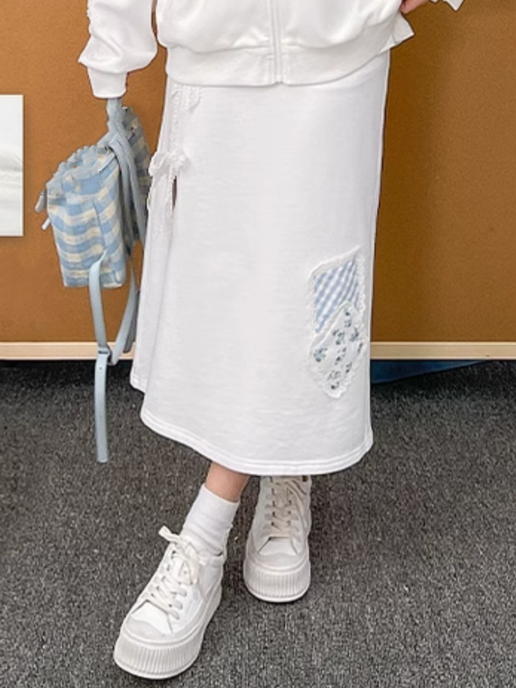 ホワイトレースリボンサイドスリットフローラルアップリケスカート