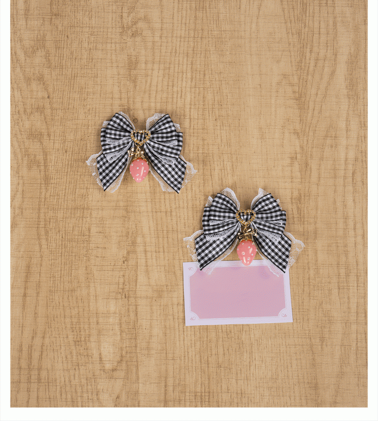 Lolita Sweet Bowknot Kei Plaid with Charm Red/Pink/Black Strawberry Hairclips Jirai - Style