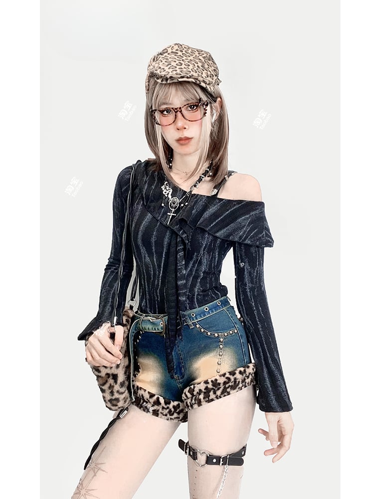 Distressed-Shorts aus blauem Denim mit Leopardenmuster und zotteligem Plüschbesatz