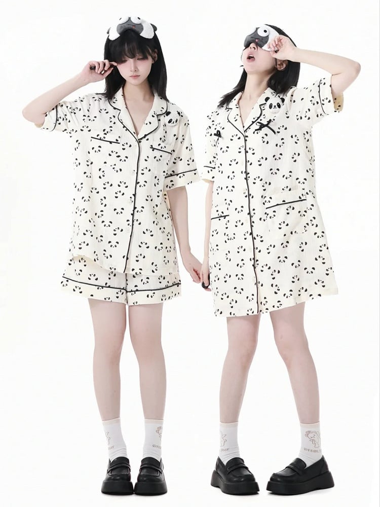 Collar + Allover Panda Print Shirt Shorts Beige Elastic Waist Edge Pajamas Set Scalloped