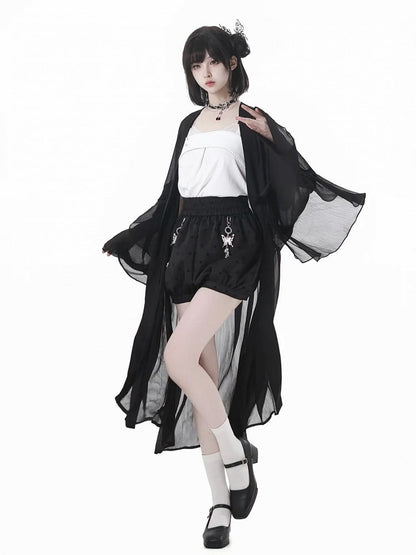 Polka-Dot Bubble Shorts with Butterfly Charms Black Cheongsam Style