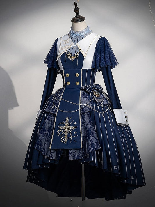 Embroidery+Waist Cross Lolita Watch Dress Full Collar Blue White Nun Chain+Pocket Chain+Detachable Striped Belt+Waist Set with Dark