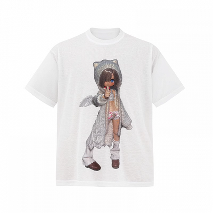 Halbtransparentes Coverup mit Cartoon-Charakter-Print, weißer Rundhalsausschnitt