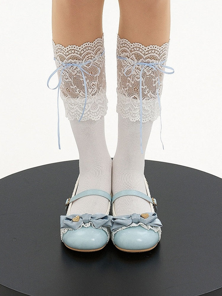 Blue Sweet Berry Low Heels in Lolita Style with Top Bow & Ring Buckle