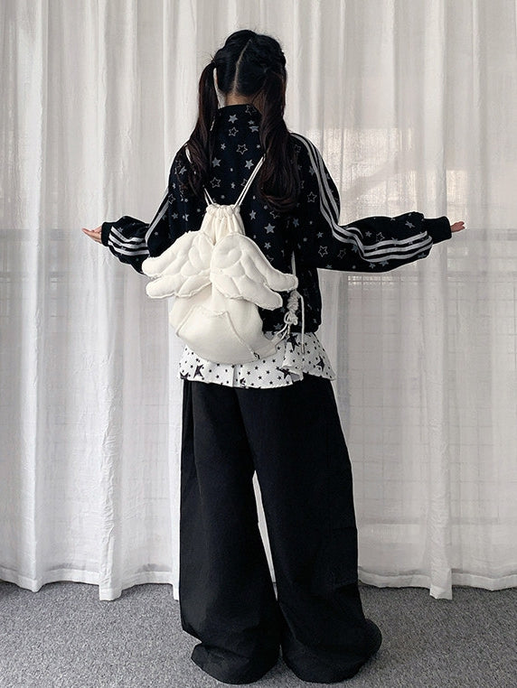 Patchwork Black Pants with Star-patterned Design Y2K Pull-on Skirt Wide-leg