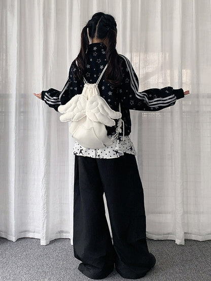 Patchwork Black Pants with Star-patterned Design Y2K Pull-on Skirt Wide-leg