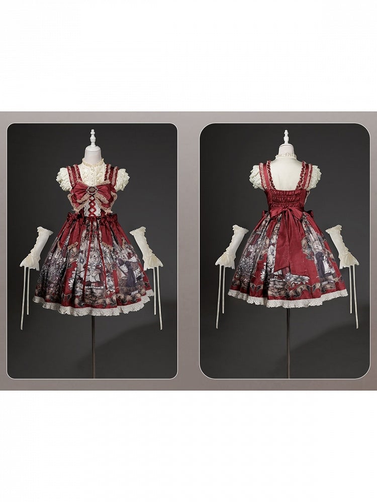 Floral Print Lolita Dress Set with Puff Sleeve Top - Unknown Star