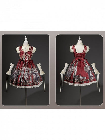 Floral Print Lolita Dress Set with Puff Sleeve Top - Unknown Star