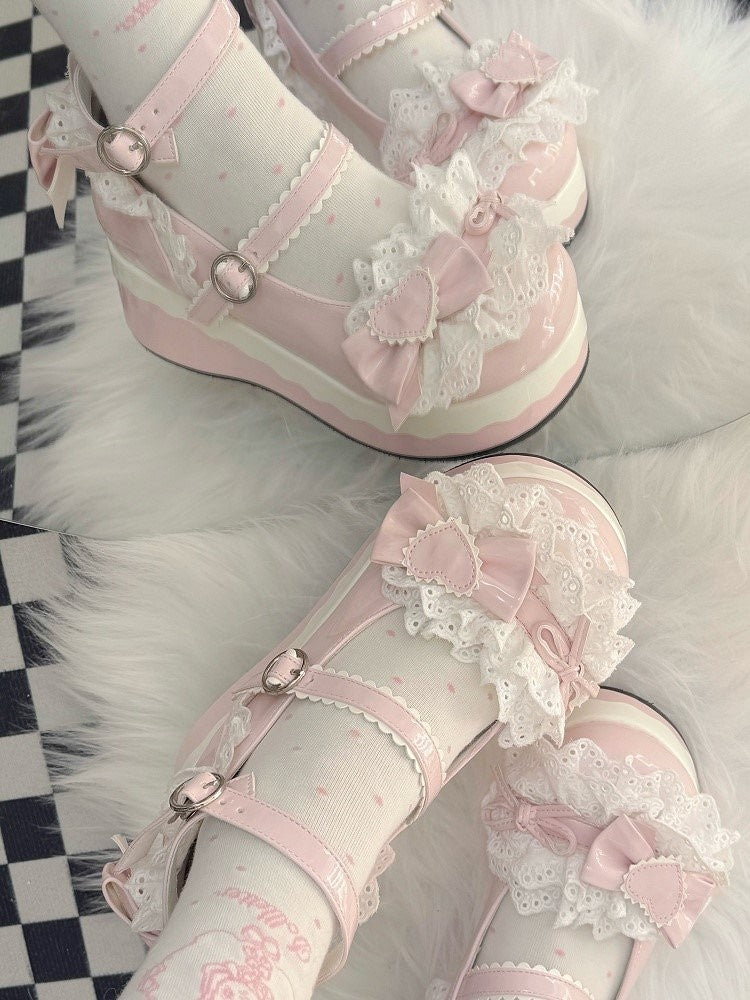 Lace Decor Heart - Sweet Lolita PU Trim Pink Platforms Bow Top