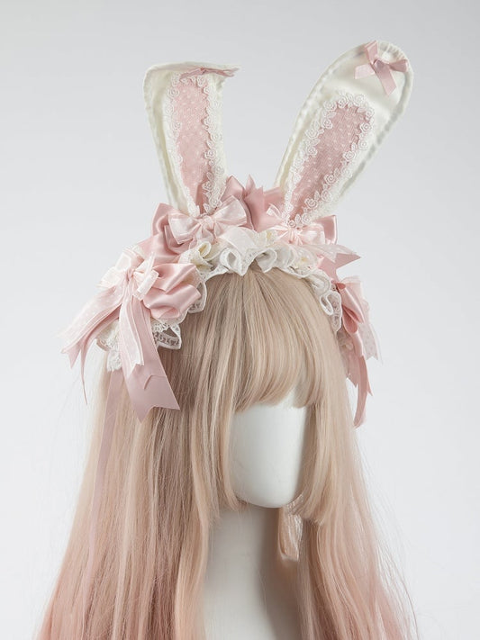 Ruffled Bows Ears with Removable Lace Bunny Pastel Pink Hairband