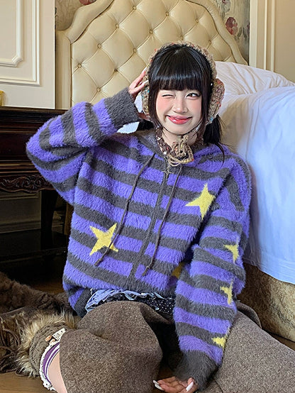 Stripe with Purple Pattern Star Zip-up Y2K Knit Jacket