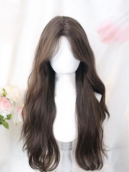 Long Wig Black/Brown With Bangs Curtain Wavy