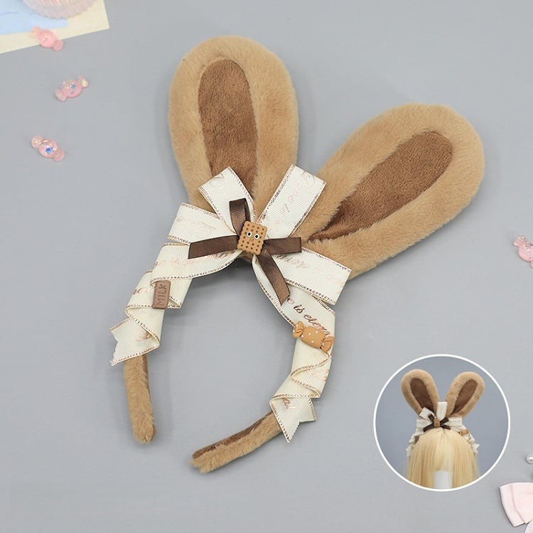 Cookie Sweet KC Black/Brown Plush and Decorated Ear Bunny Lolita Bow