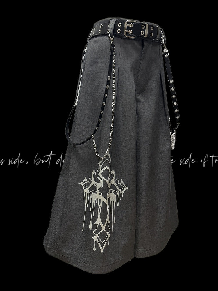 ワイドレッグパンツ グレー クロスプリント ヴィンテージ