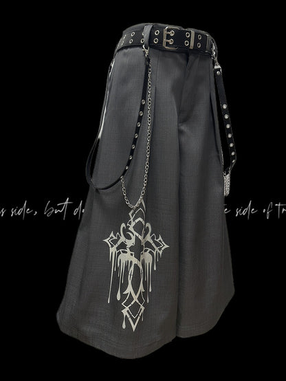 ワイドレッグパンツ グレー クロスプリント ヴィンテージ