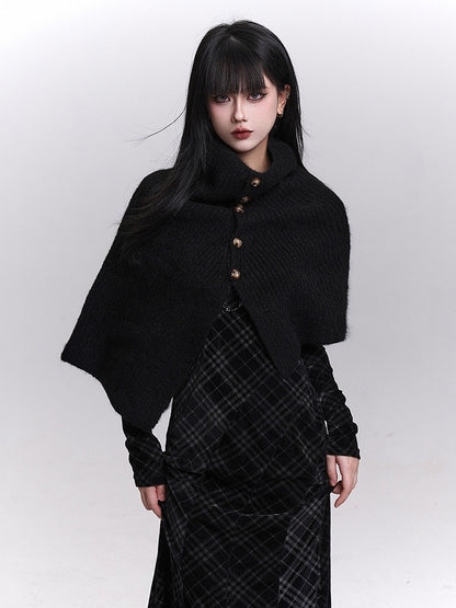 Rear Shawl Black Neck Mock Placket Buttoned Knitted - Slit Detail