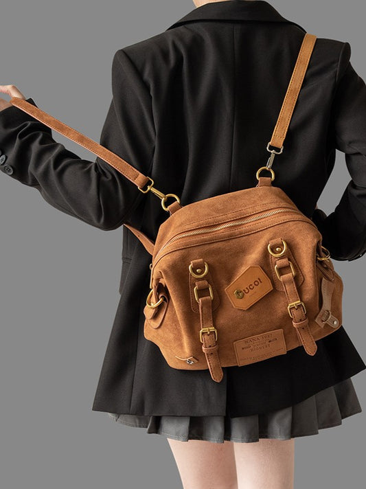 Belt Accents Vintage Brown 2-Way Backpack With