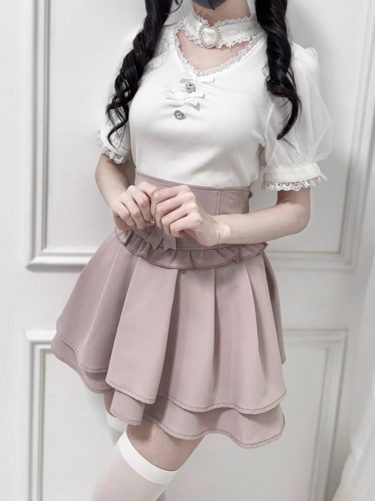 Pink Corset Waist Double-Layered Skirt with Detachable Bowknots Dusty Kei Jirai