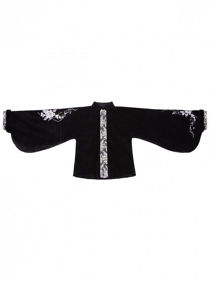 Hanfu-Style Long Sleeve Floral Embroidered Blouse in Black - Han Ru Chu Hanfu &amp; Han-Element Studi