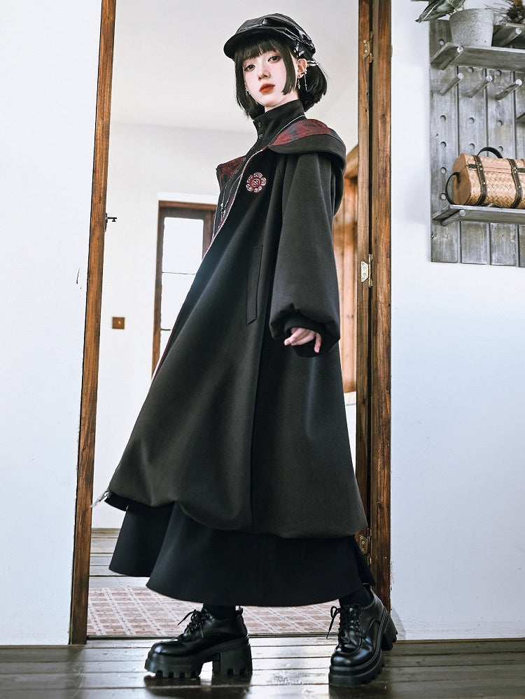 Noir fleuri - avec Imprimé Manteau Gothique à Capuche et Fermeture Éclair sur le Devant, Ourlet Bulle