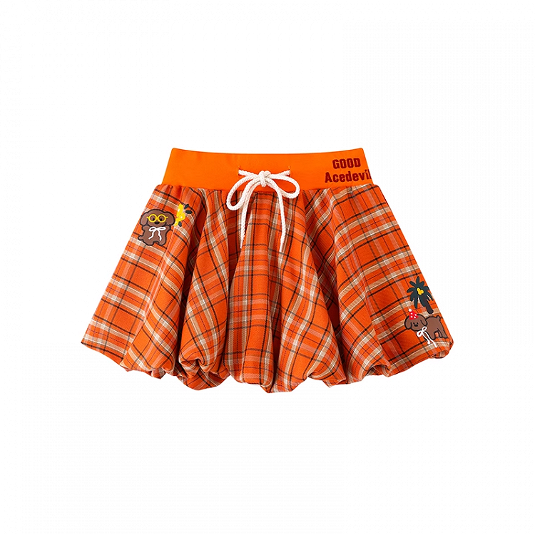 パピーオレンジチェック柄ドローストリングウエストプリントミニバブルスカート