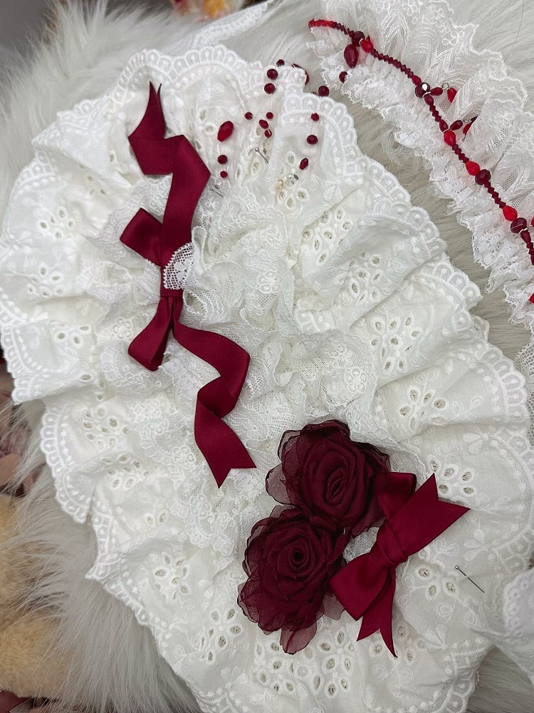Lolita Rose Bonnet White Red Lace Bead Gothic Trim