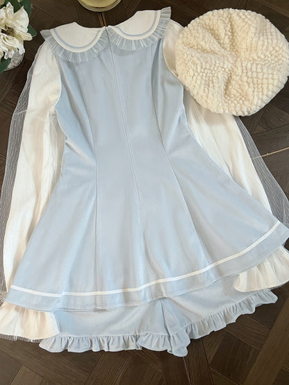 Blue Peter Pan Collar Mini Dress+Ruffled Set- Light Shorts Jirai Kei Hem