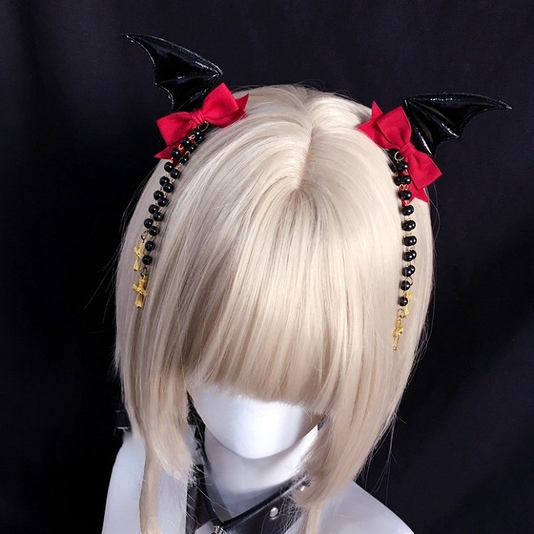 Hairclips Wings Bat Bow with Black Tassel Accents