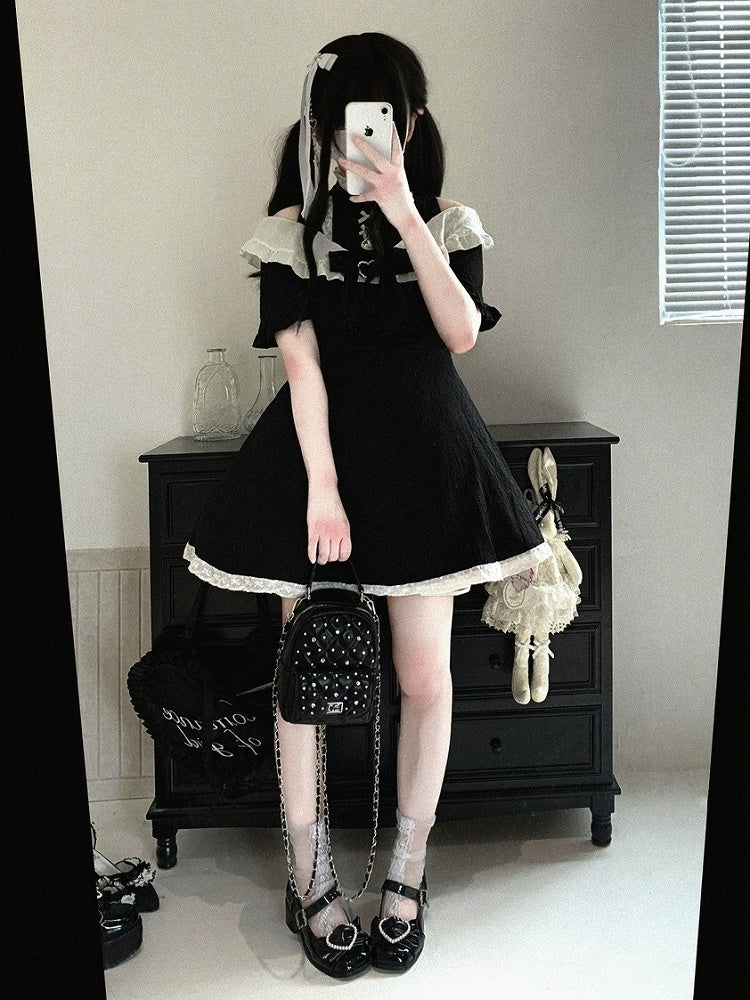 Cutout Shoulder Jacquard Dress with Ruffles, Bow Details, 4 Shades - Kitty Bxllet