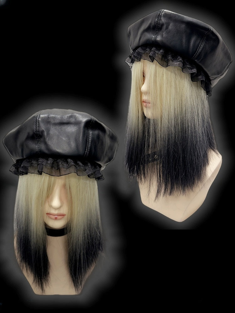 Schwarze Baskenmütze aus PU im Y2K-Stil mit Spitzenbesatz