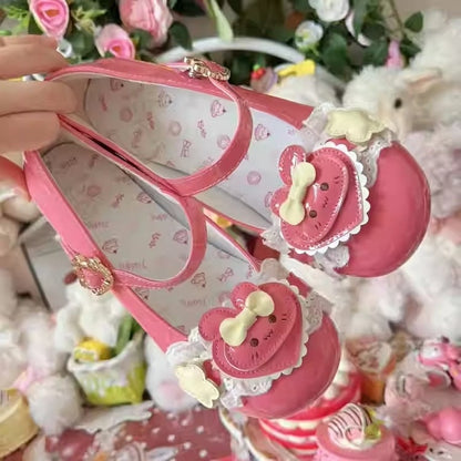 Peach Bunny-Inspired Red Lace Fastener Lolita PU Edging Janes Sweet in Low-heel Heart Mary