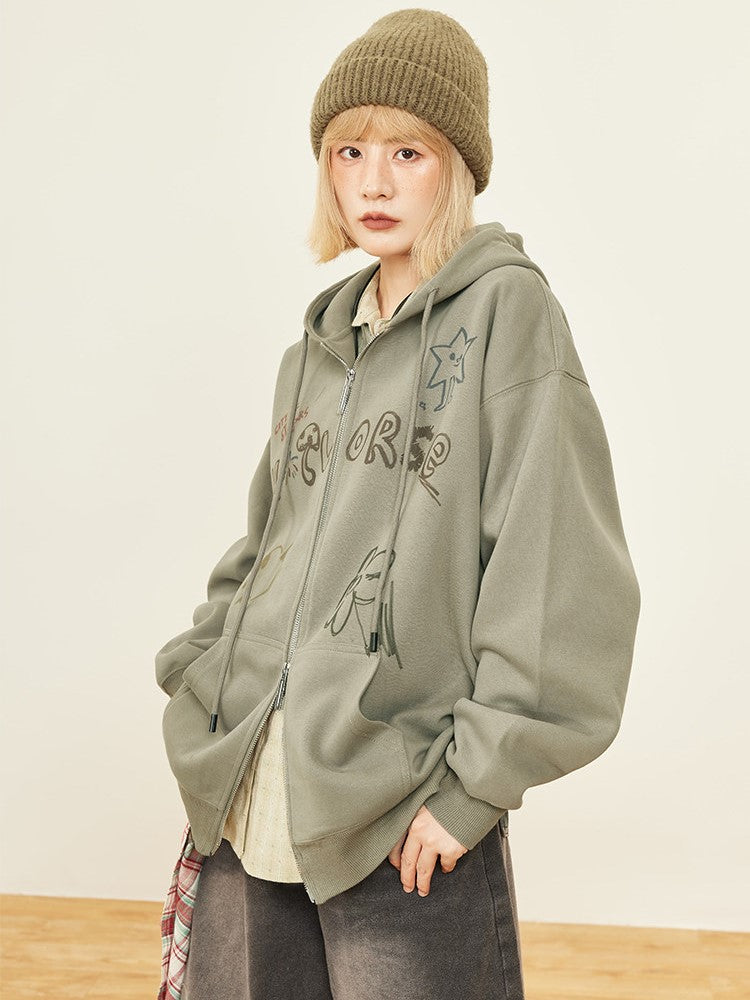 Dusty Hoodie - Two-way Kawaii Zip Placket Letter Hood Drawstring Print Green