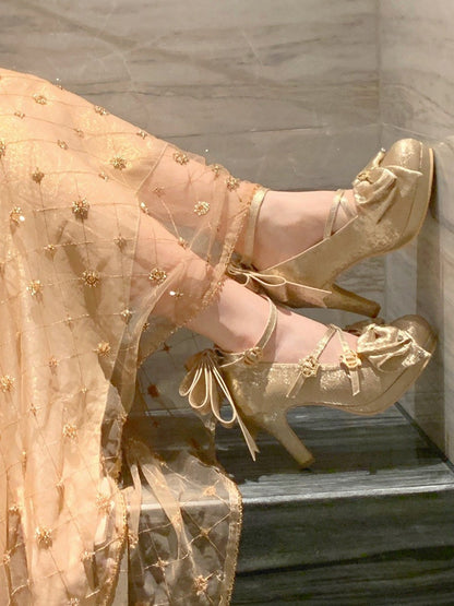 Gold Sparkling Satin Hanayome Lolita 8.5cm High Heels with Crown Buckle, Bowknot and Crystal Accents - Aimee