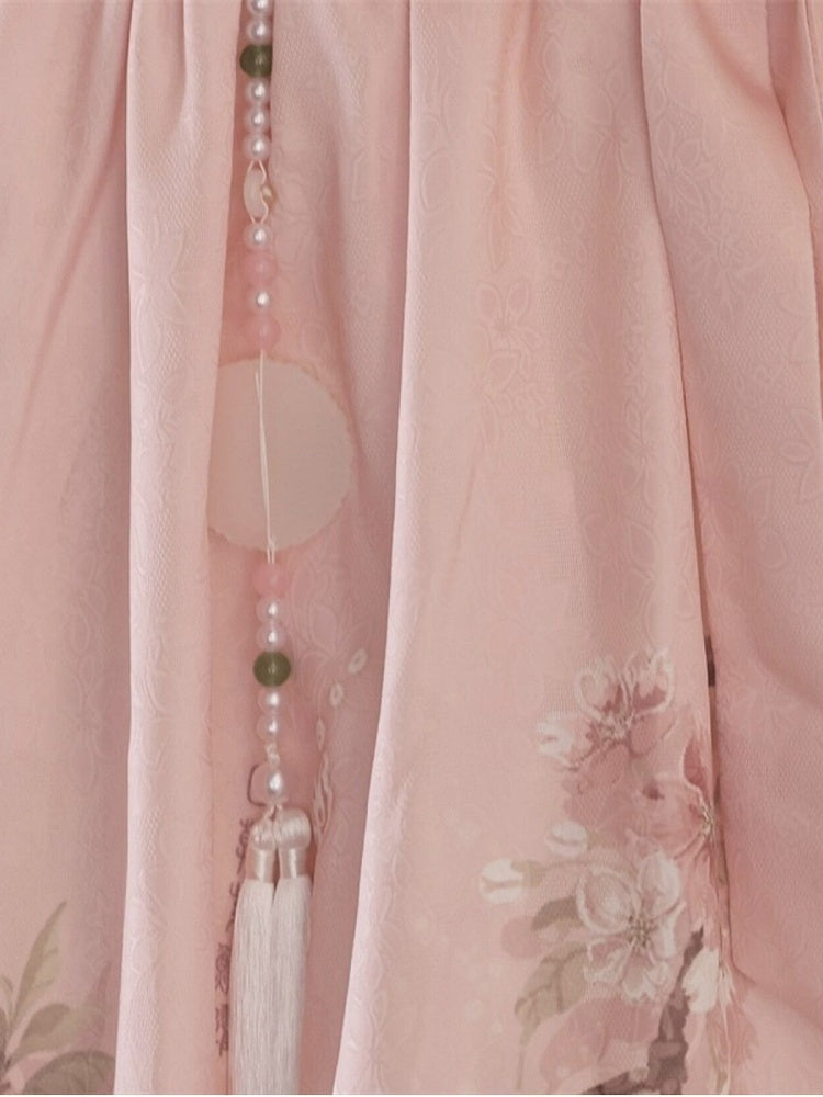 Pink and White Chinese-Style Long-Sleeved Top Set with Floral Print Skirt and Lace-Trimmed Chiffon Cape - Han Ru Chu Hanfu &amp; Han-Element Studi