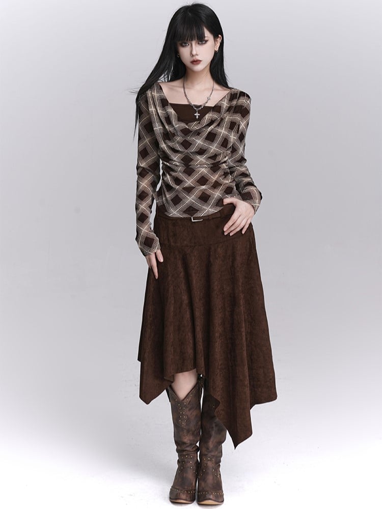 Plaid Cowl Two-Piece Neck Faux Coffee for with Top Autumn Early
