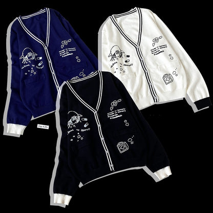 Marineblaue Strickjacke mit V-Ausschnitt und Grafik von Jirai Kei für Mädchen