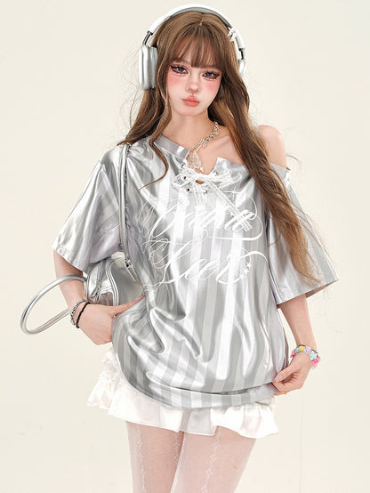 Grau/blaues, gestreiftes, sportliches Oberteil mit Schnürdetail und asymmetrischem Ausschnitt