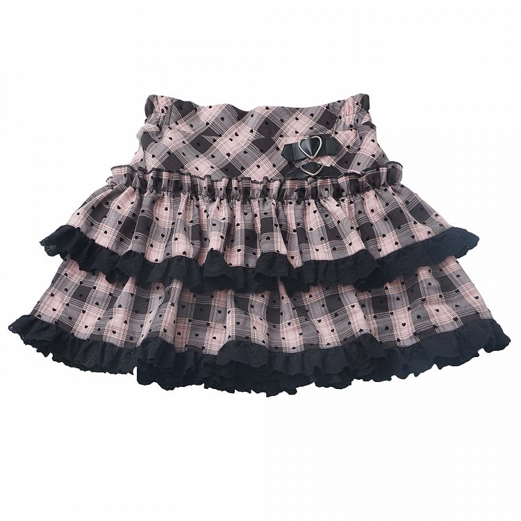 Herz-Spitzenbesatz, Metall, rosa und schwarz kariert, herzförmiger Stufenrock