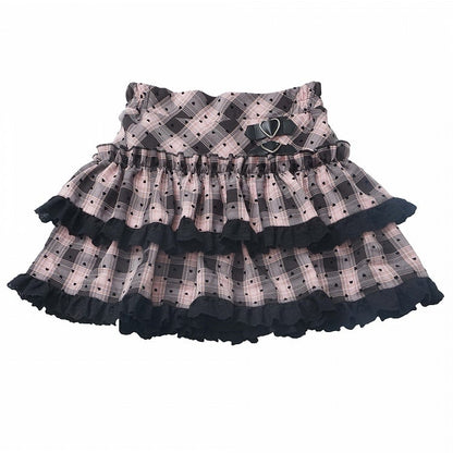 Herz-Spitzenbesatz, Metall, rosa und schwarz kariert, herzförmiger Stufenrock