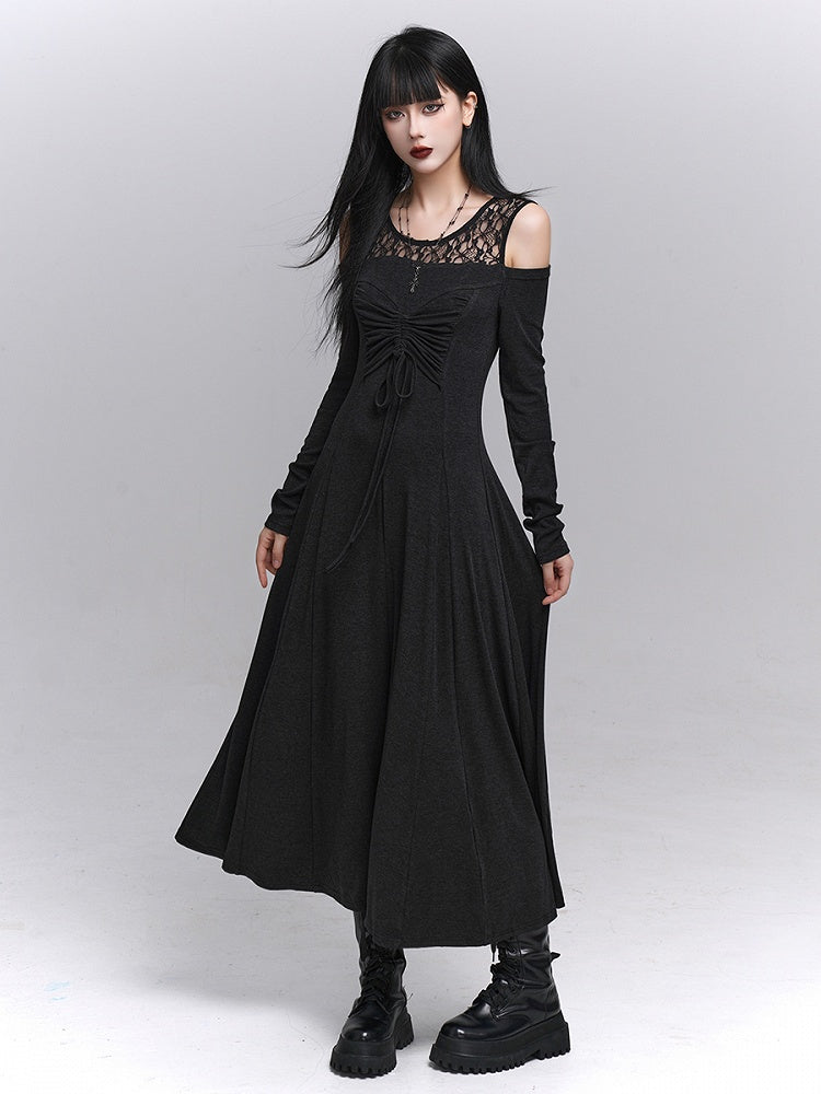 Detail Tie-Bow Gray with Dress Faux Two-Piece Dark Gothic